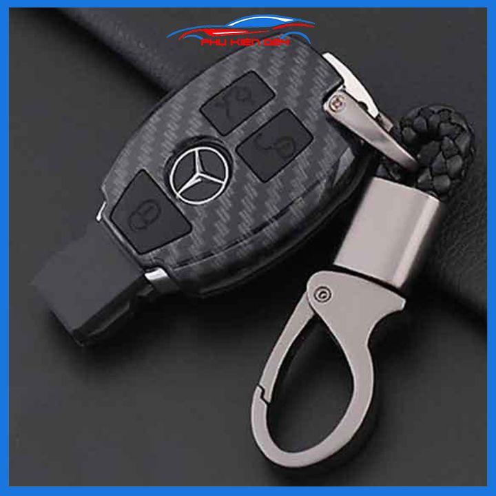Ốp vỏ bọc chìa khóa xe Mercedes-BENZ sợi nhựa cacbon kèm móc treo Inox