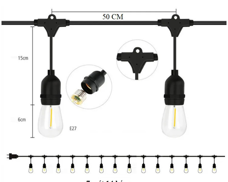 Dây đèn led búp chanh 7 mét 14 bóng 3w trang trí shop, nhà cửa sân vườn hàng chính hãng.