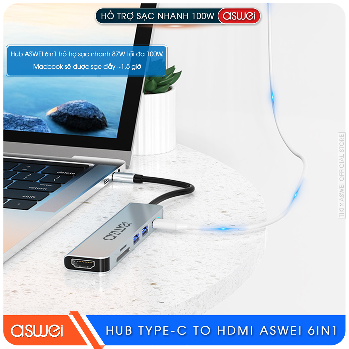 Hub Type C ASWEI 6 in 1 To HDMI, USB 3.0, SD, TF, PD 100W - Hàng Chính Hãng
