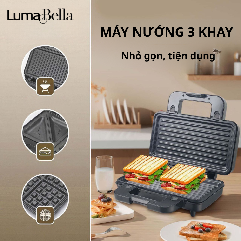 Máy kẹp nướng bánh mì Lumabella LB-58067 đa năng 3IN1, công suất cao 1000W, khay chống dính dễ dàng tháo lắp, vô cùng tiện lợi, dễ vệ sinh - DELIYA - HÀNG CHÍNH HÃNG