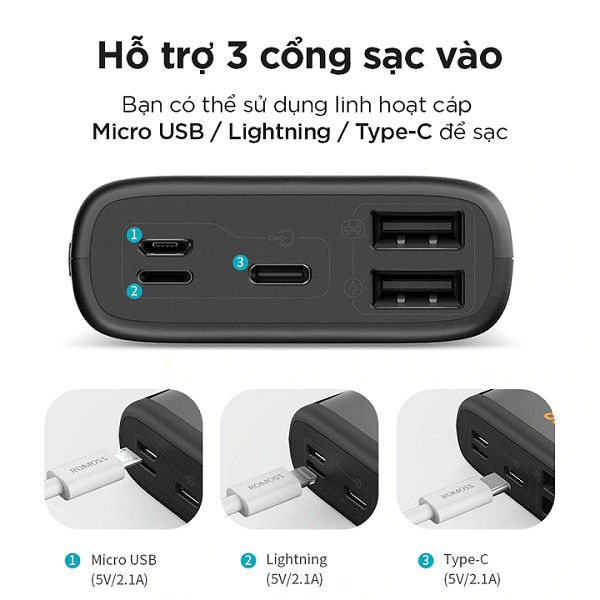 Pin sạc dự phòng Romoss Ares 10 10.000mAh LED 3 cổng input Micro - Lightning - Type C - Hàng chính hãng