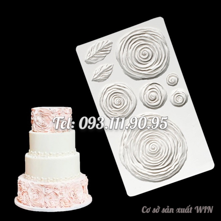 Khuôn silicon làm viền bánh, rau câu, fondant 6 hoa hồng xoáy kèm lá - Mã số 1401