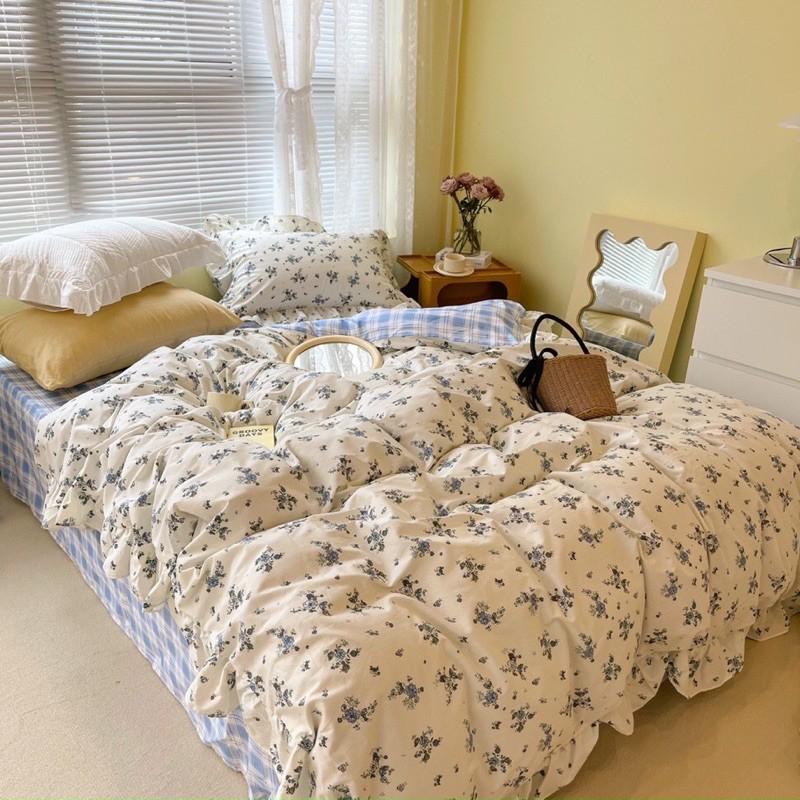 Set Cotton Hàn Quốc Bèo Ren 100%cotton Hàng Nhập Khẩu Cao Cấp 4 Món Hoa Nhí Xanh