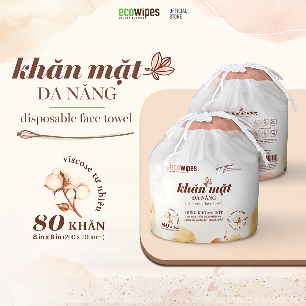 Khăn mặt khô đa năng Ecowipes cuộn 80 tờ size khăn 20x20cm dùng 1 lần lau khô lau ướt giấy lau mặt dùng một lần