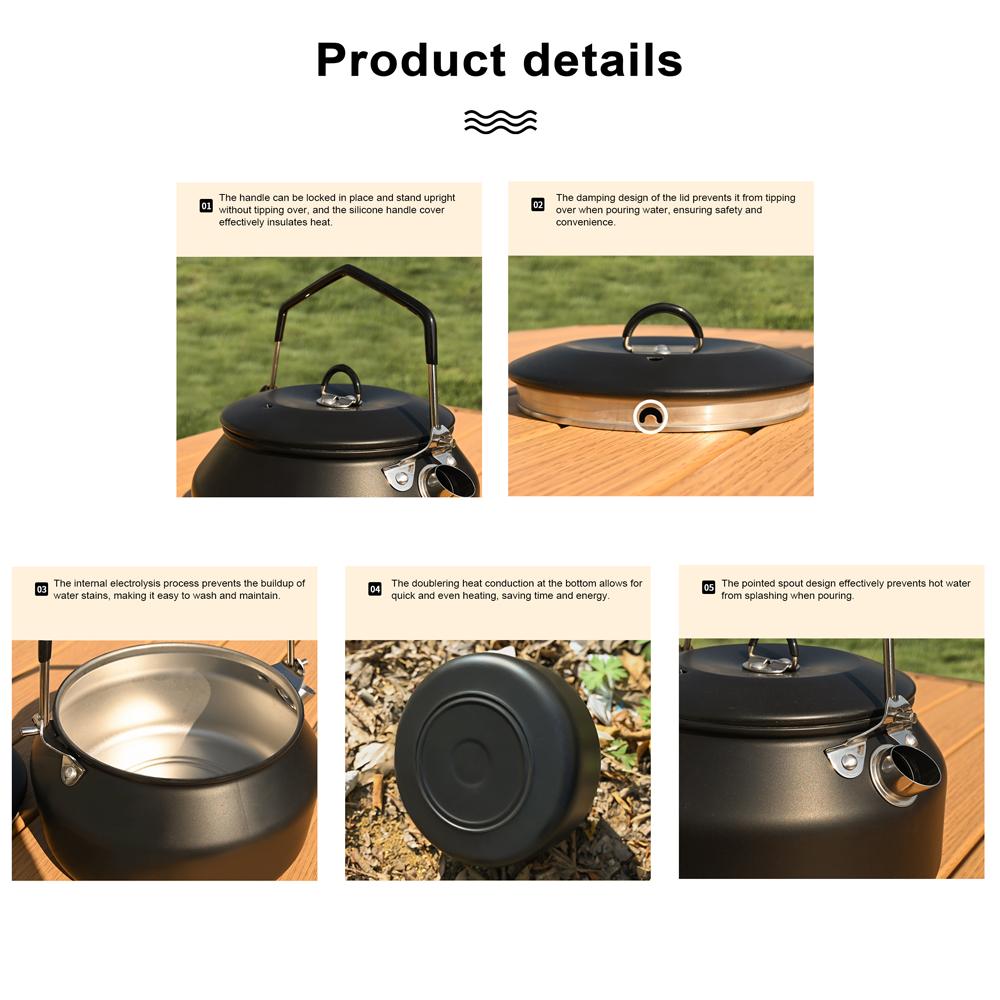 Outdoor Stainless Steel Kettle Locking Handle Camping Hung Pot Portable Coffee Pot Tea Pot Picnic Cooker 1.1L Teapot Water Boiling Accessory