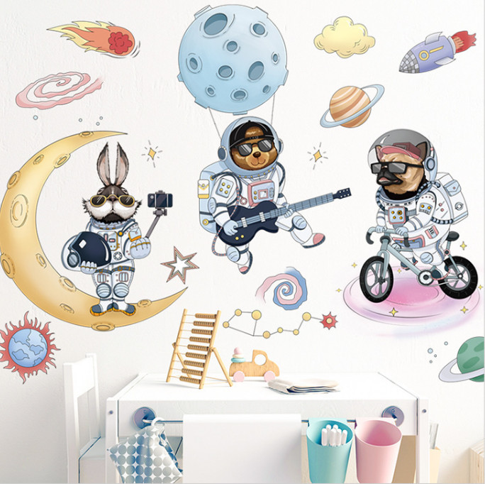 Decal trang trí tường - 2 Chú chó phi hành gia và chú thỏ trắng