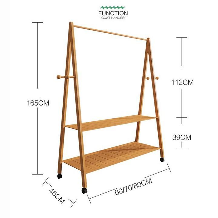 RE0227 Kệ treo quần áo - Giàn phơi quần áo bằng gỗ 2 tầng có bánh xe 80cm