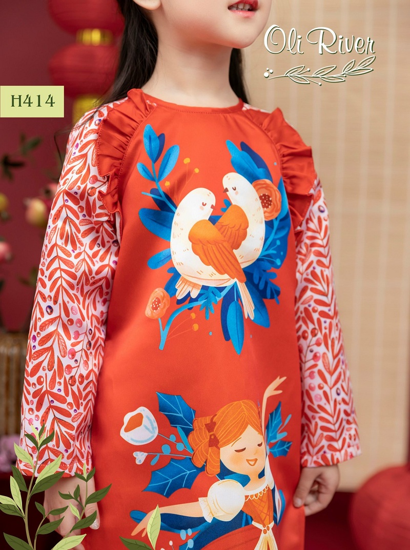 Áo dài cách tân bé gái họa tiết công chúa cùng đôi chim hàng cao cấp CT32