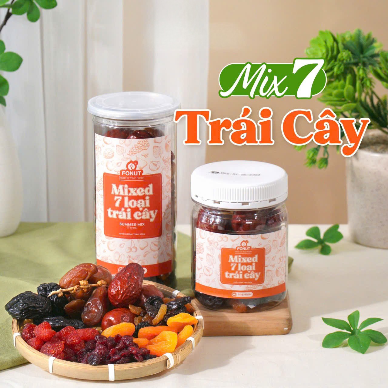 Mix 7 Loại Trái Cây Sấy Táo Đỏ, Chà Là Nguyên Cành, Nho Khô, Dâu Tây, Nam Việt Quất, Mơ Sấy, Mận Khô - Hộp 500Gr