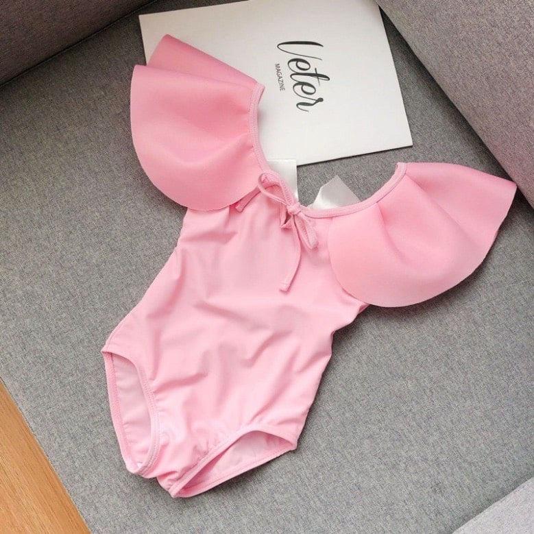 Đồ bơi trẻ em dành cho bé gái Bikini liền thân bèo cổ hoa hồng hở lưng cột nơ