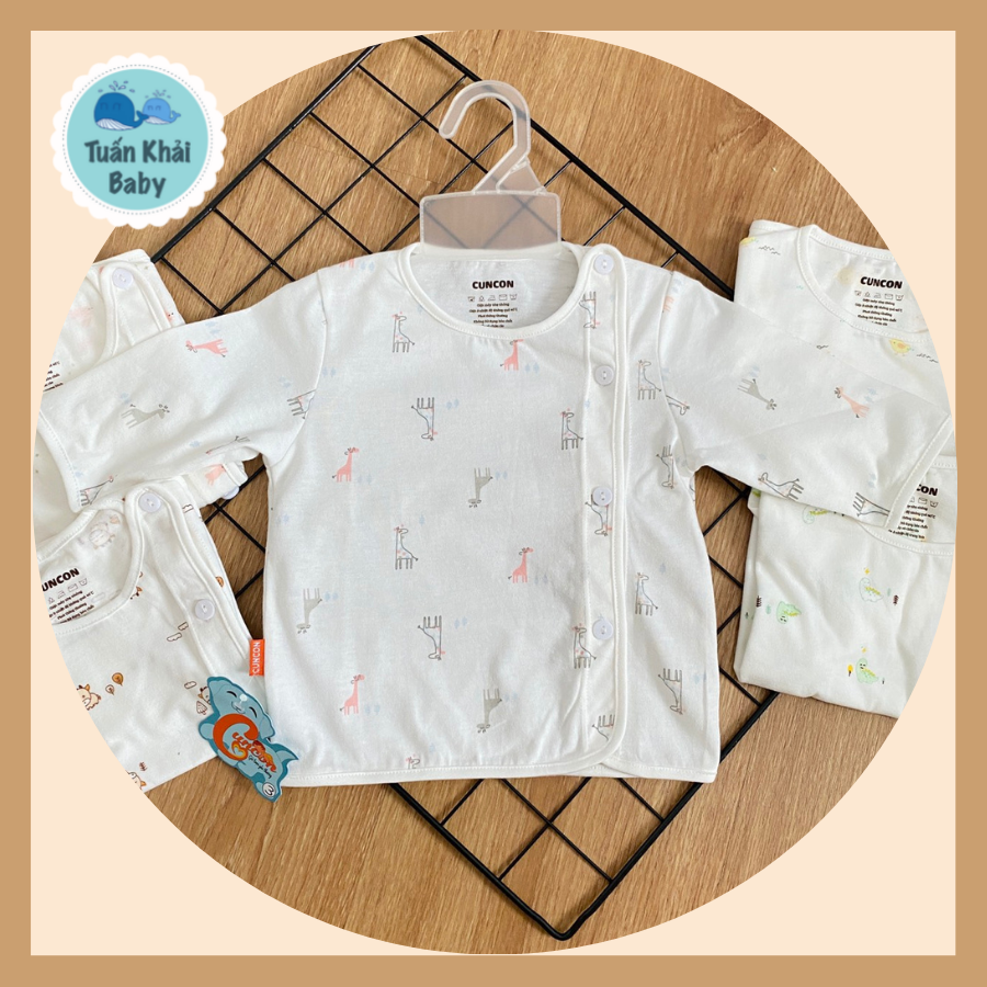 Áo sơ sinh cotton cao cấp CUNCON | Mẫu Tay Dài Họa Tiết Cài Lệch | Size 1,2,3 cho bé sơ sinh - 9kg