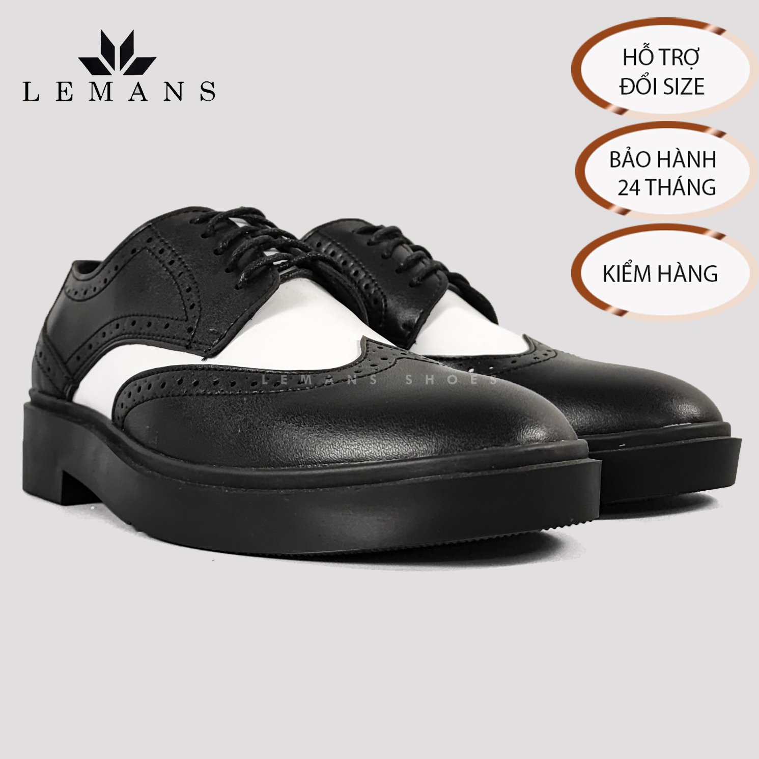 [TẶNG XI TRẮNG] Giày Derby Wingtip Black White LEMANS, Da bò đế Lemans tăng cao 4cm Bảo hành 12-24 tháng