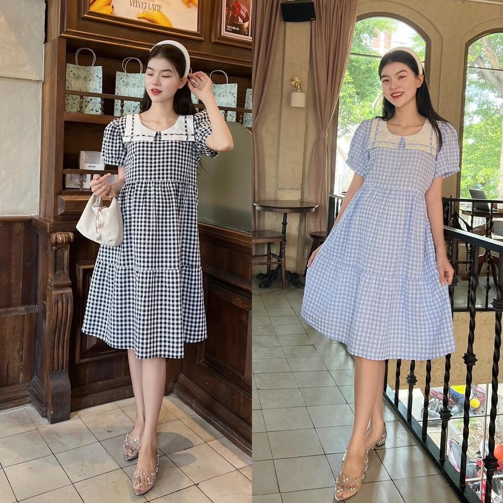 Đầm bầu karo cổ thuỷ thủ phom babydol trẻ trung, đáng yêu - Hồng