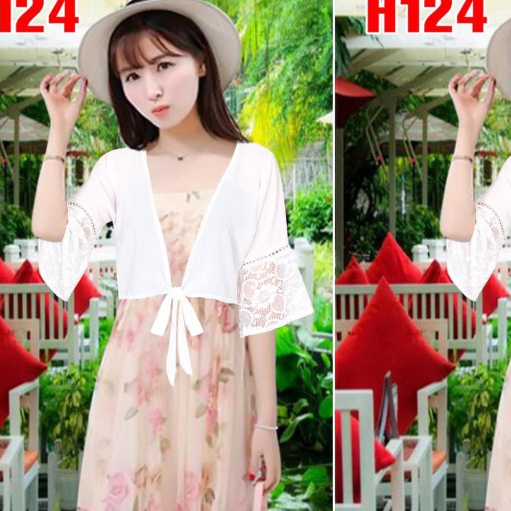 Aó khoác chifon cột eo phối tay ren