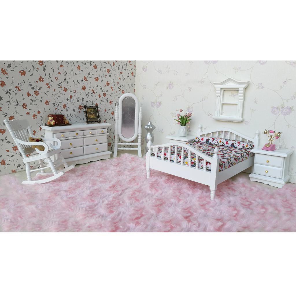 Miniature Wooden Bed Chair Cabinet Model for 1/12 Dolls House Bedroom Decor
