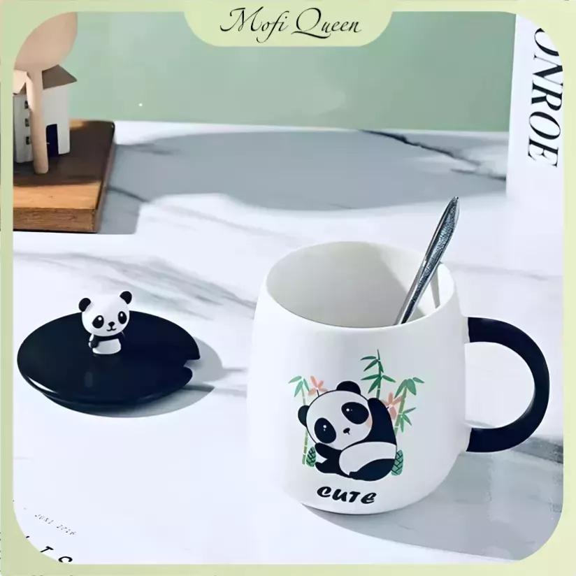 Cốc sứ trắng uống cà phê, Ly sứ có nắp, Quà lưu niệm, cute kèm muỗng và nắp hình gấu panda đáng yêu 450ml