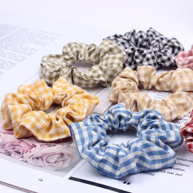 Set 8 Dây Cột Tóc Scrunchies Caro Size Nhỏ-Tặng Túi Zip