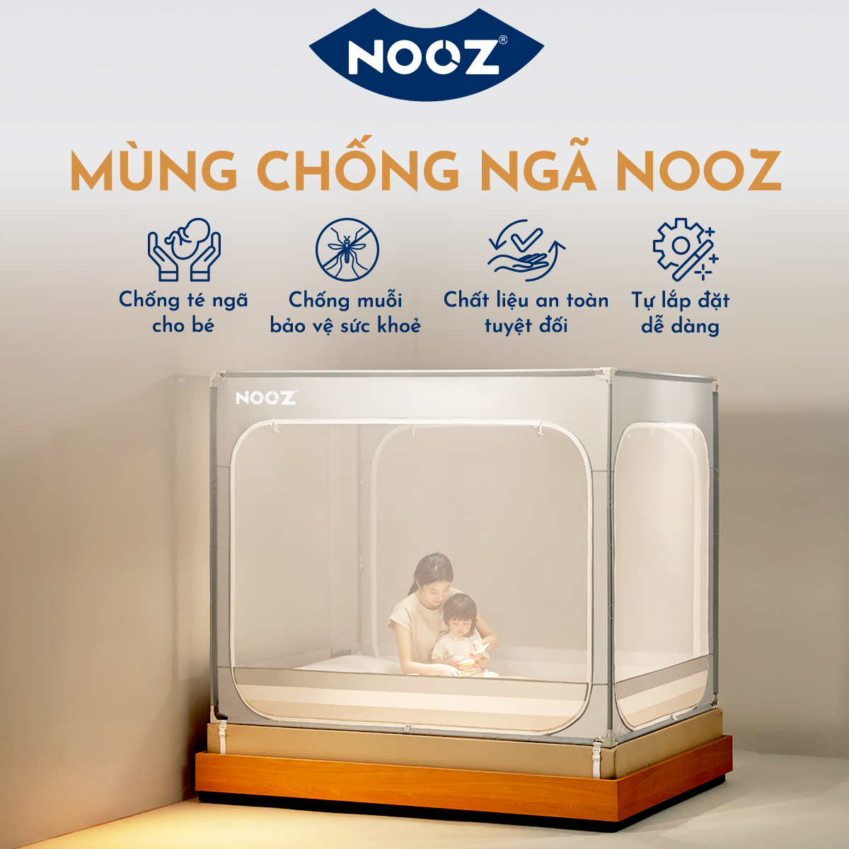 Mùng Chống Ngã NOOZ Khung Vuông Màng Chống Muỗi Dễ Lắp Đặt Không Khoan Tường NOOZ Home Goods