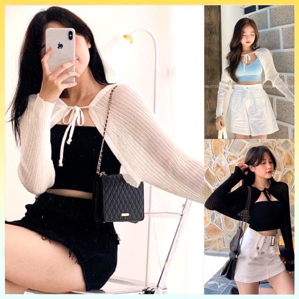 Áo khoác len dệt kim Montoghi DÂY NƠ CỔ tay dài dáng lửng hàng Quảng Châu loại 1 siêu xinh