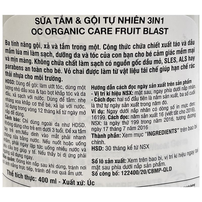 Sữa Tắm Gội Tự Nhiên 3in1 Organic Care Fruit Frenzy 400ml - Hàng chính hãng