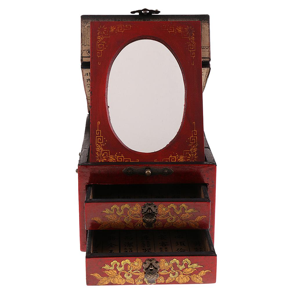 Vintage Wooden Dresser Chest 2 Drawer 1 Mirror for Jewelry Necklace Storage Case