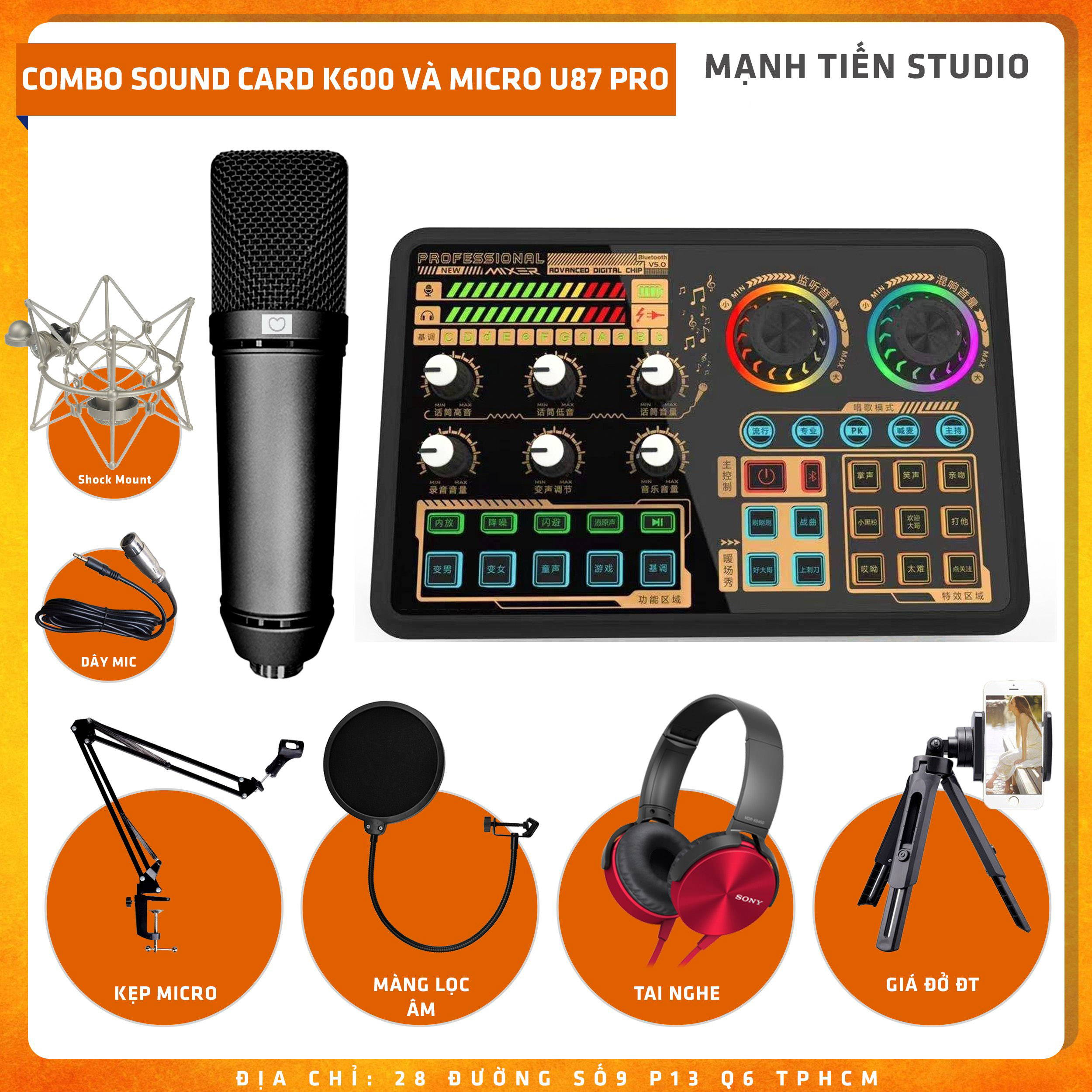 Combo thu âm, livestream Micro AQTA U87-Pro, Sound card K600 - Kèm full phụ kiện kẹp micro, màng lọc, tai nghe, giá đỡ ĐT - Hỗ trợ thu âm, karaoke online chuyên nghiệp - Hàng nhập khẩu