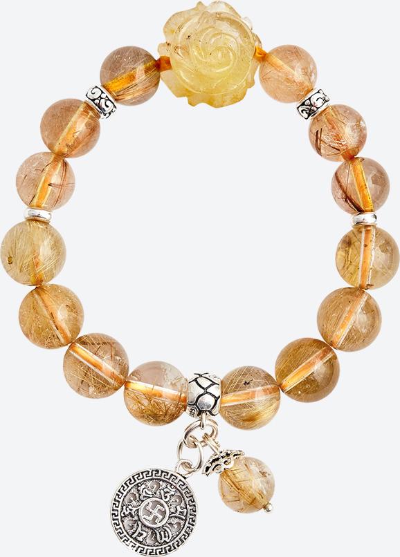 Vòng tay thạch anh tóc vàng charm mẫu đơn Ngọc Quý Gemstones