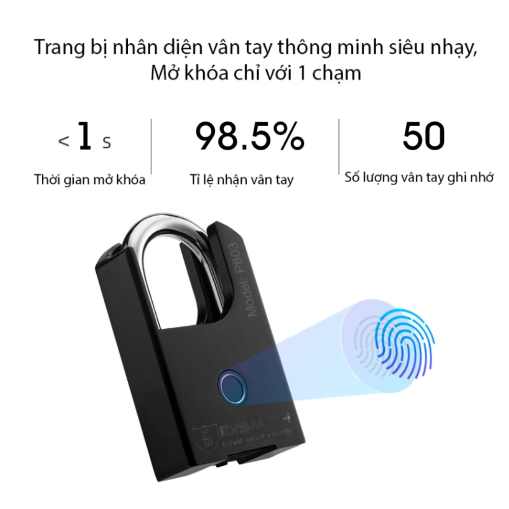 Ổ khóa vân tay chống trộm chống cắt chống nước thông minh kèm chìa Exsmith P803