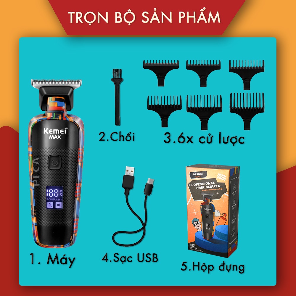 Tông đơ chấn viền cao cấp Kemei KM-MAX5090 phiên bản trend màn hình LCD hiển thị sạc nhanh USB có thể cắt tóc, cạo đầu, fade trắng chân tóc, bấm viền