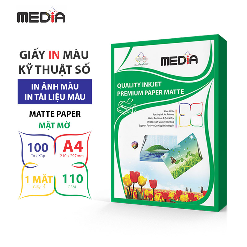 Giấy In Màu Kỹ Thuật Số MEDIA 1 Mặt Mờ (Matte) Khổ A4 (210 x 297mm) Định Lượng 110/130gsm 100 Tờ, Dùng In Ảnh Màu &amp; Tài Liệu Màu - Hàng Chính Hãng