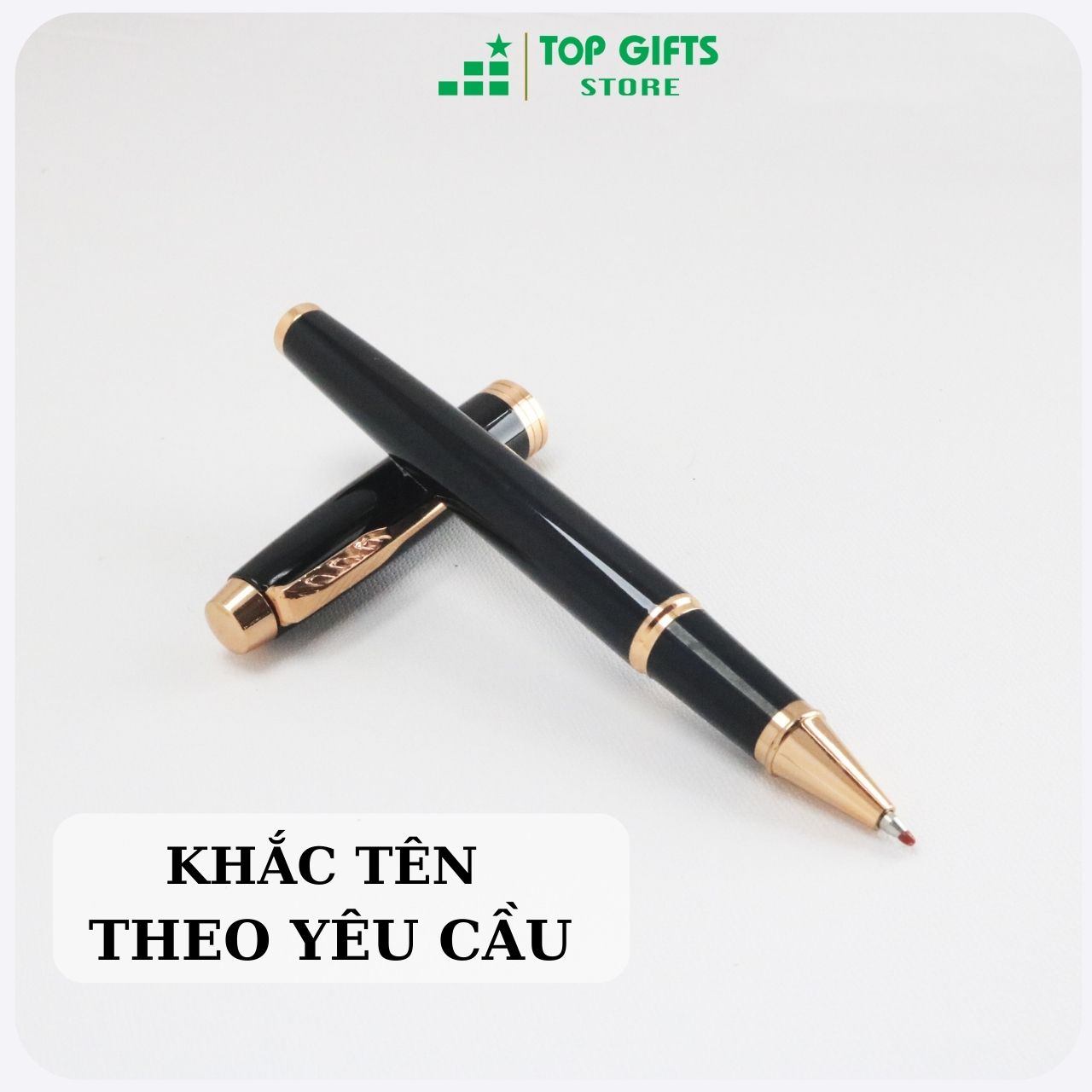 Bút ký kim loại nắp đen viền đồng IMD019 ngòi 0.5mm| Quà tặng sinh nhật bạn bè, người thân + Ruột bút + Hộp đựng bút