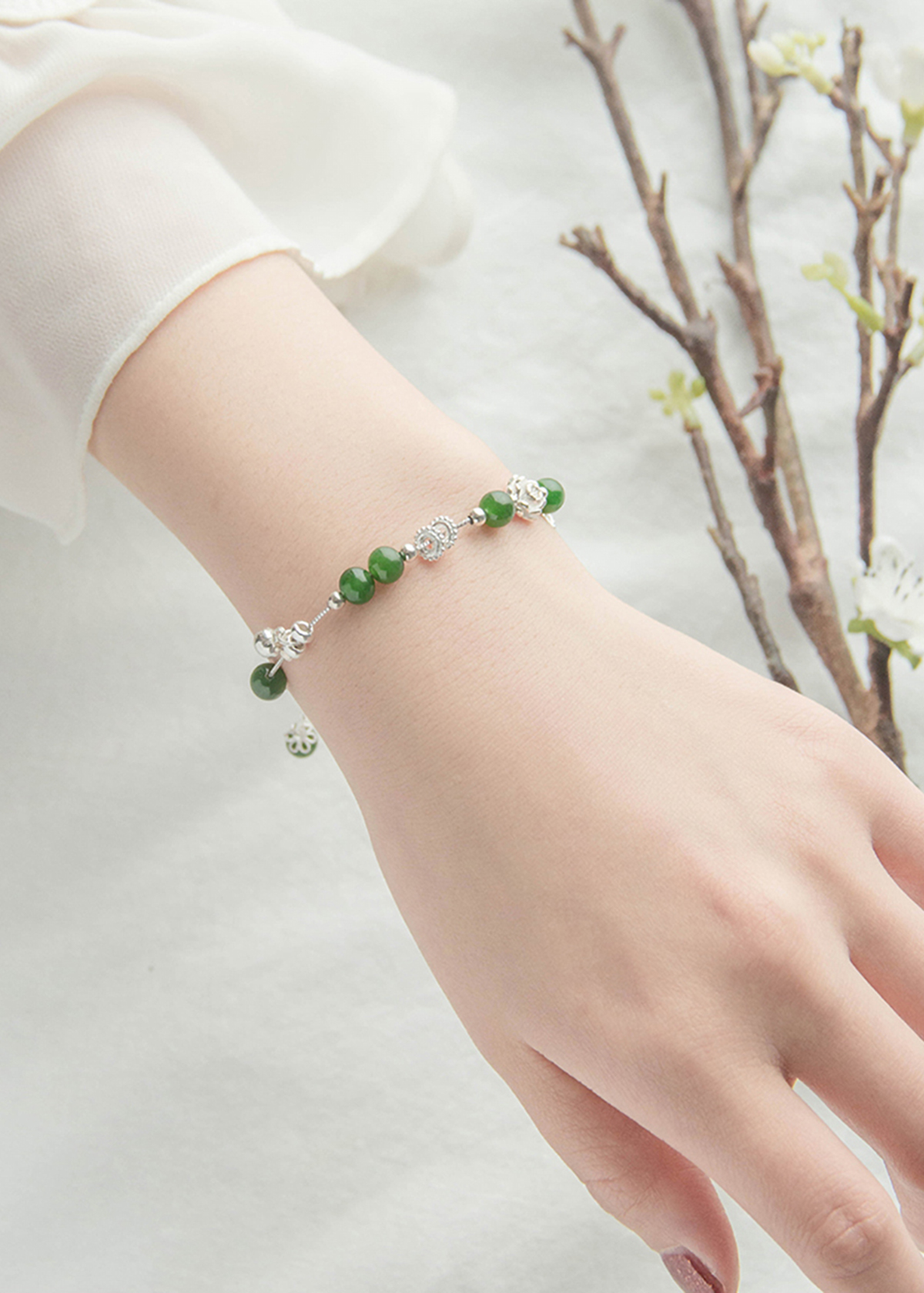 Vòng tay đá ngọc bích phối charm bạc trắng mệnh hỏa, mộc - Ngọc Quý Gemstones