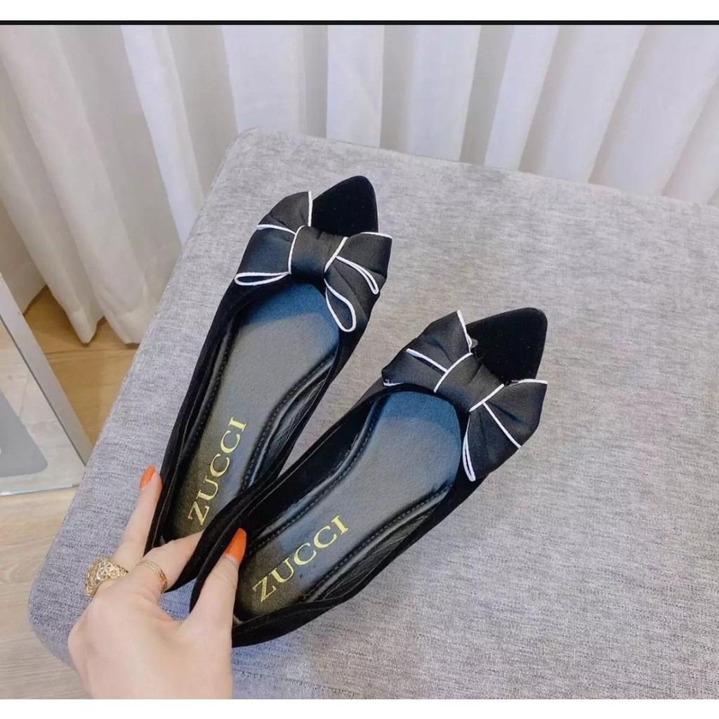 Giày nữ- gày bệt- giày nhung mũi nhọn gắn nơ xinh