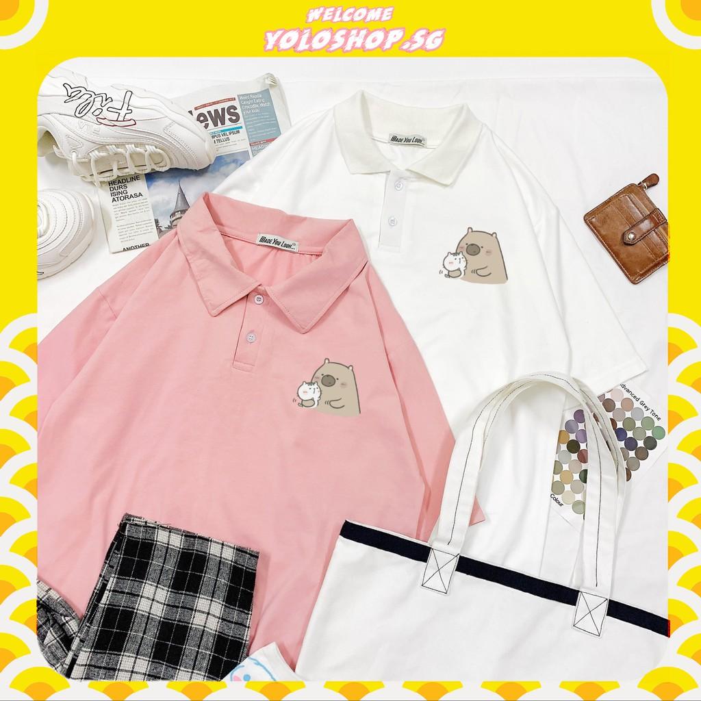 Polo Áo Thun Tay Lỡ Unisex Gấu Ôm Mèo Ulzzang