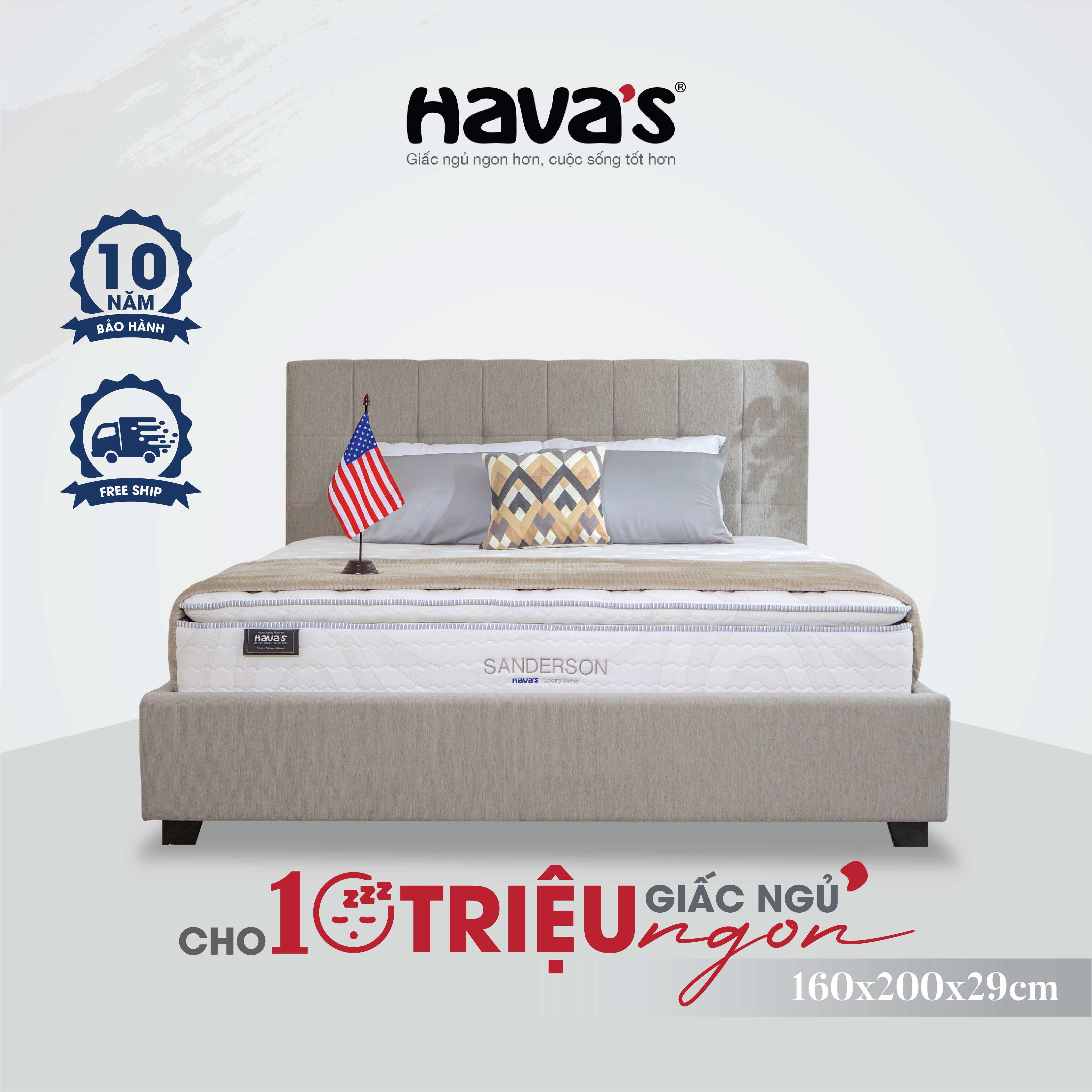 Nệm Havas Sanderson 1m6 và 1m8 lò xo túi 1 vùng, nâng đỡ vượt trội, êm mềm dễ chịu