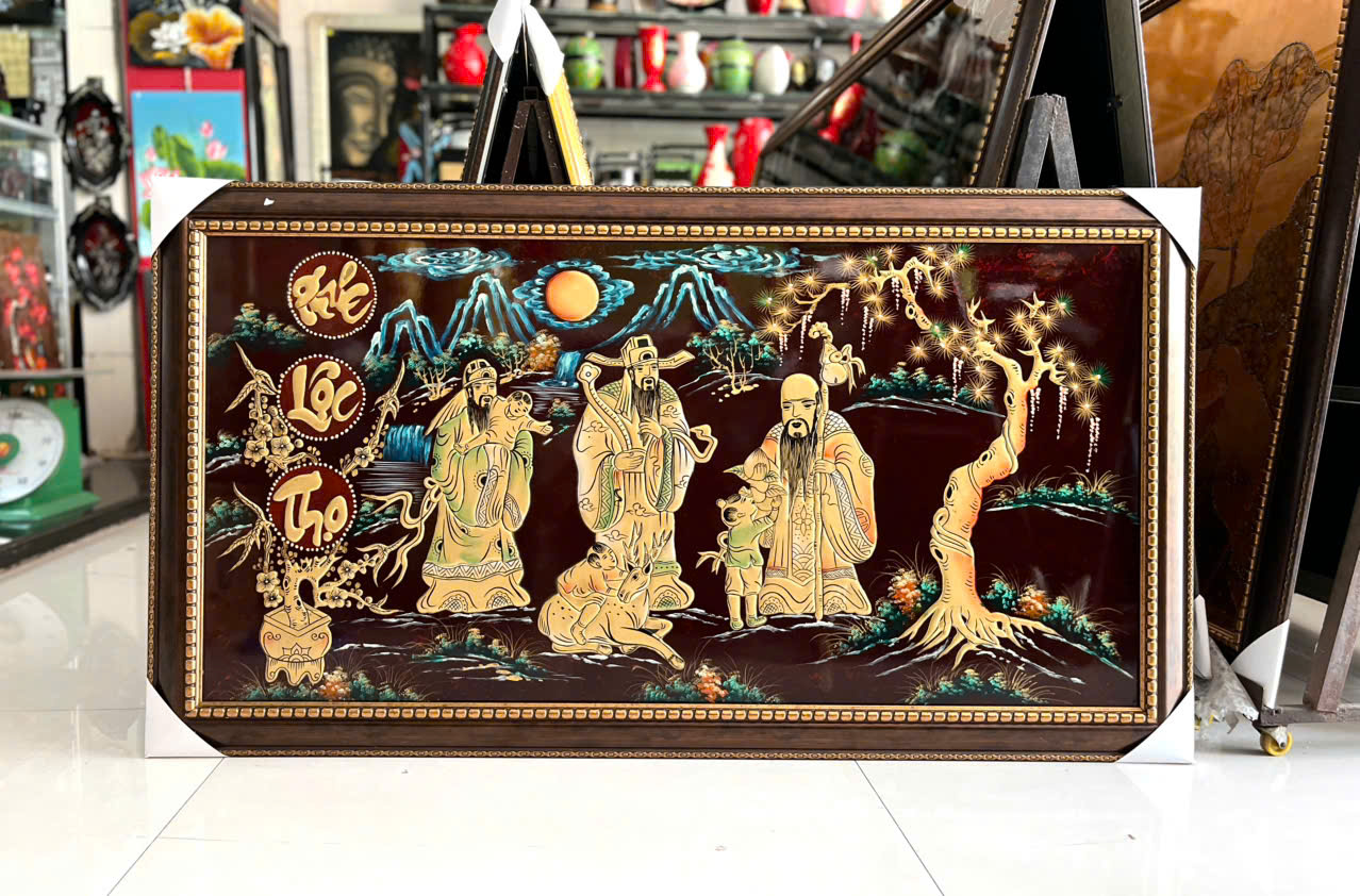 Tranh Sơn Mài - PHÚC LỘC THỌ | Đắp Nổi Thủ Công | Size 60x120 cm | Biểu Tượng Phúc Đức – Tài Lộc – Trường Thọ