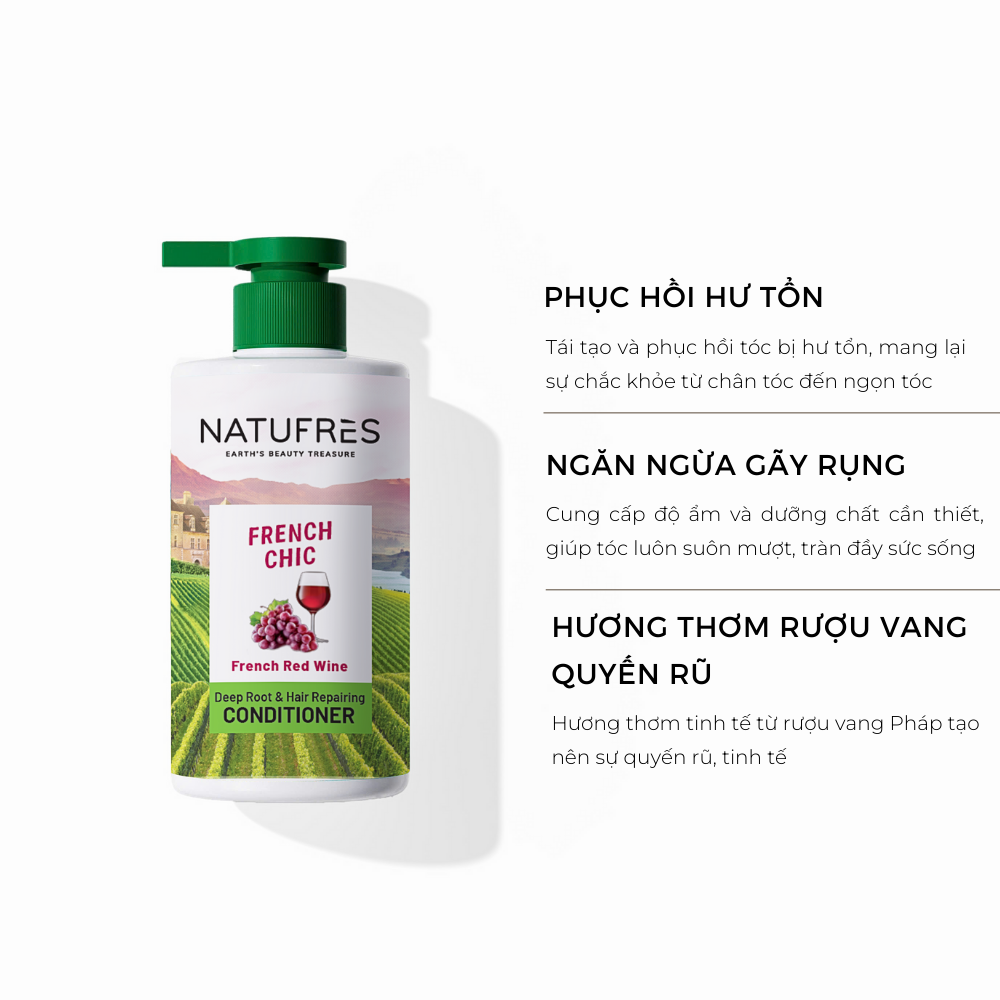 Dầu xả NATUFRÈS French Chic Rượu Vang Đỏ - Phục hồi hư tổn, suôn mượt óng ả 250ml