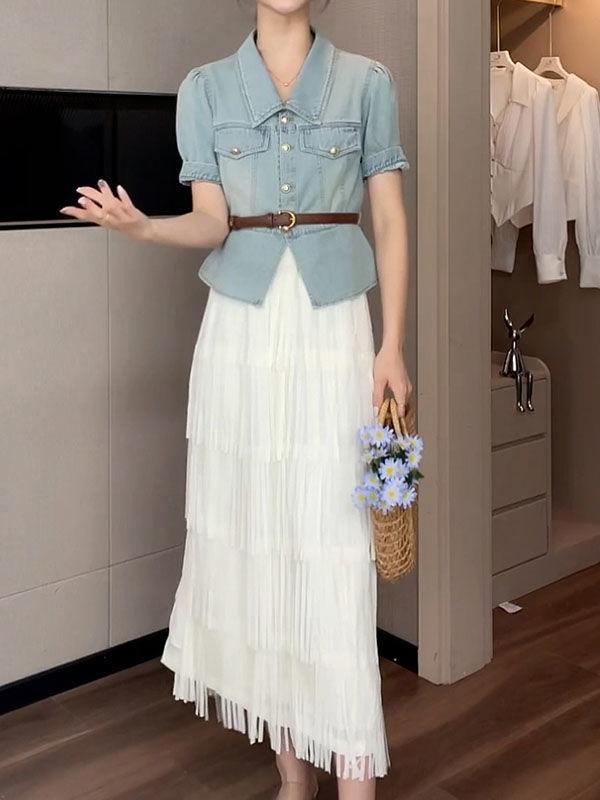 SHUANGYAN Trang phục giảm tuổi thanh lịch 2023 Áo denim ngắn mùa hè+váy nửa người màu