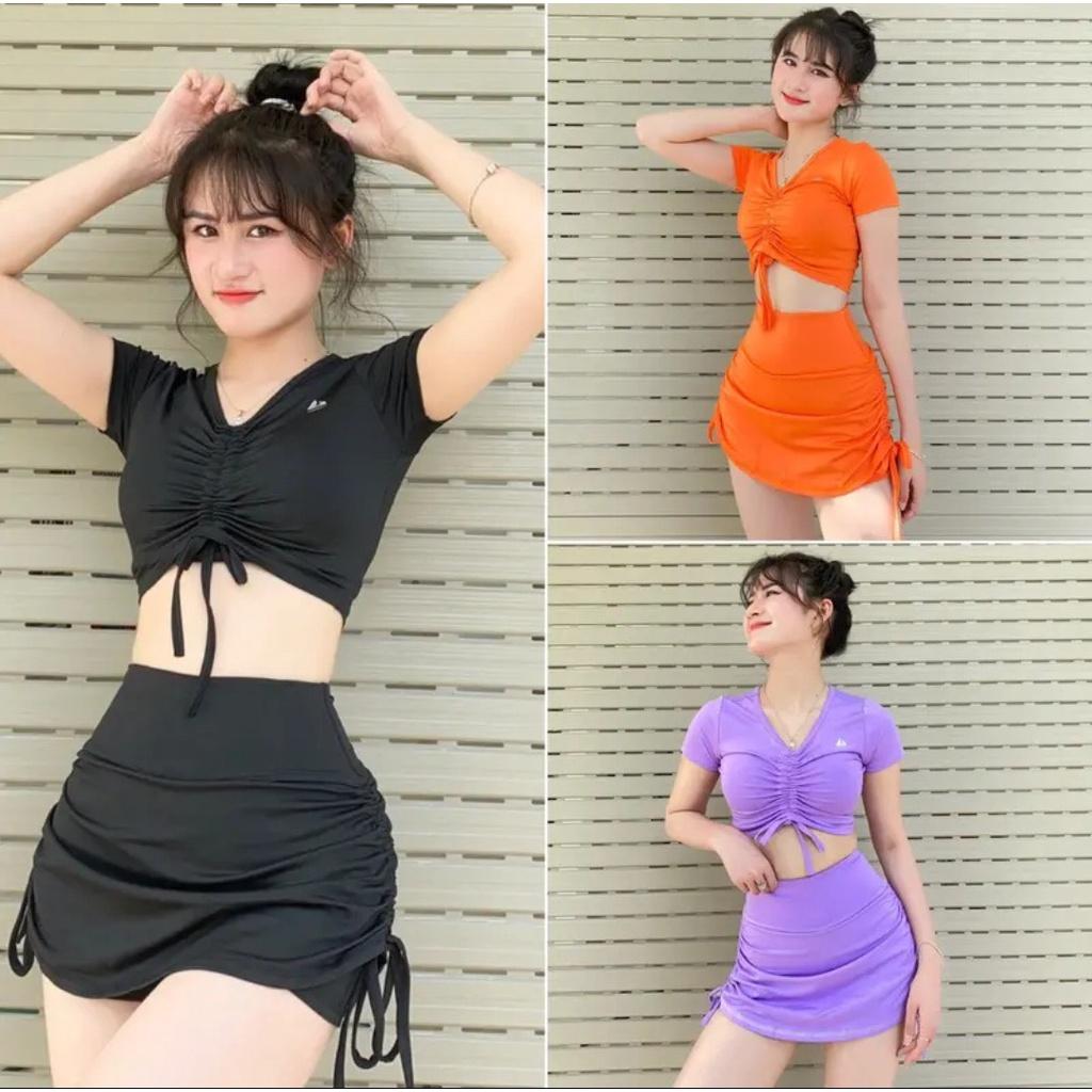 Set Áo thun croptop bigsize và chân váy rút dây phía trước hai bên, Áo thun chân váy nữ BIGSIZE CÔ NHỎ- SET28 - Màu Tím