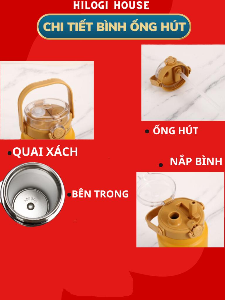 Bình giữ nhiệt 1500ml HiLOGI inox 304 sơn nhám, bình nước có ống hút và quai xách tiện lợi, giữ nhiệt hơn 20 giờ