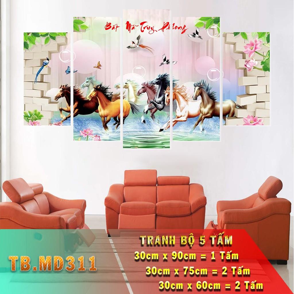 Bộ 5 tấm ghép tranh dán tường 3D mã đáo thành công, tranh ngựa 3d dán tường