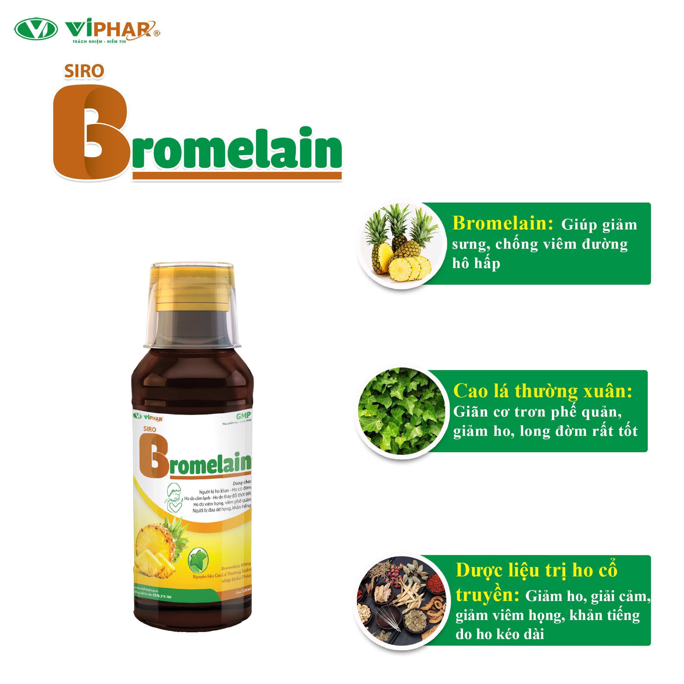Siro Ho Quả Dứa Giảm Nhanh Các Loại Ho, Thảo Dược An Toàn Dùng Cho Bé Từ 6 Tháng Tuổi Siro Ho Bromelain Viphar Chai 120ml