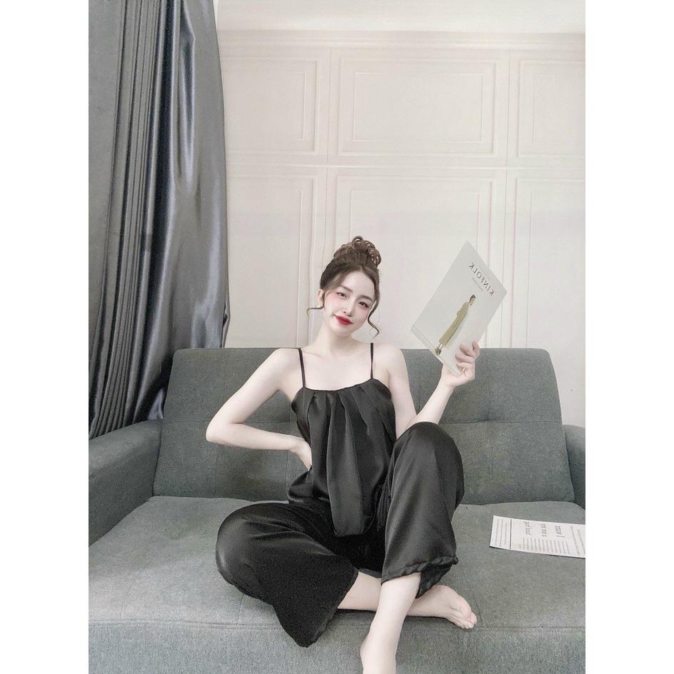 Đồ ngủ lụa satin áo 2 dây quần dài lịch sự, chất lụa đẹp, mát, ít nhăn, kiểu dáng rộng rãi, thoải mái, phom dưới 55kg