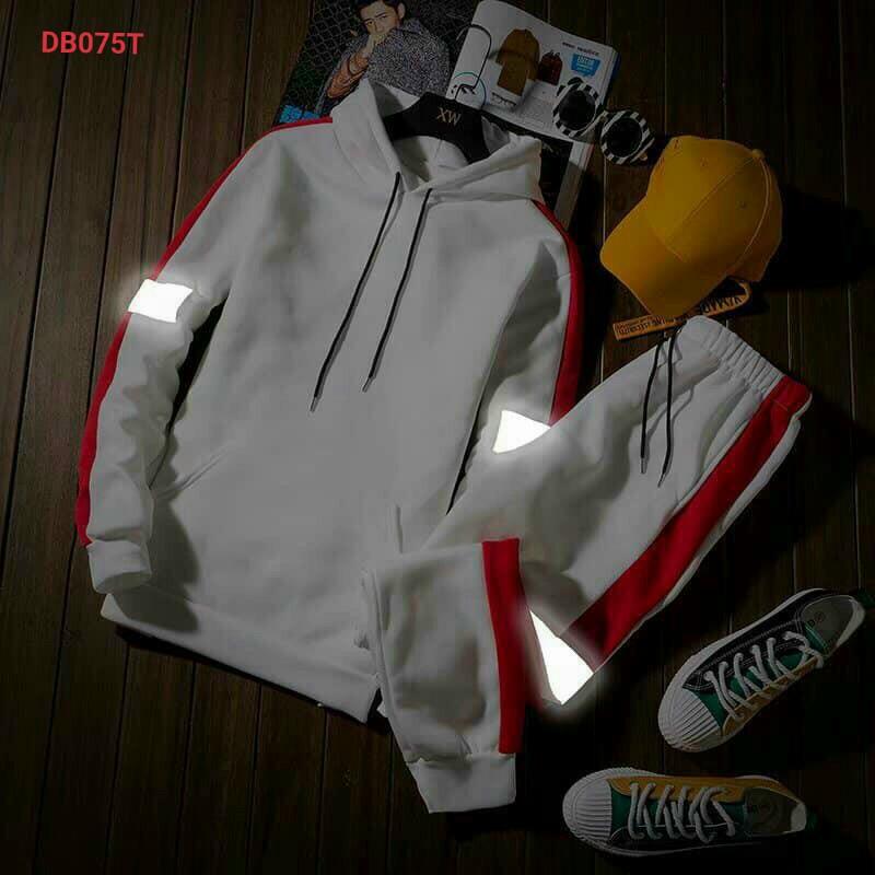 Bộ dài phản quang unisex màu trắng sọc đỏ chất dù có dây kéo reesize