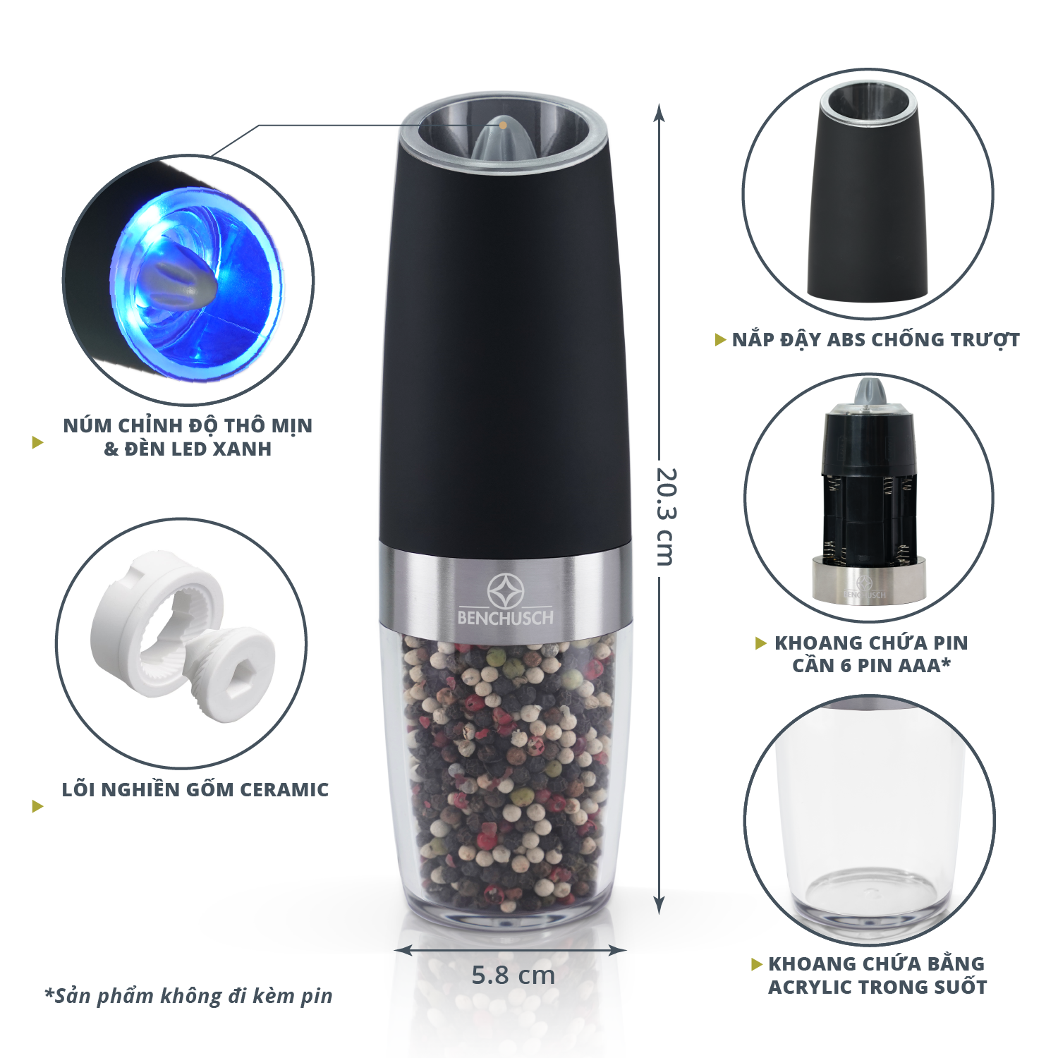 Máy Xay Tiêu Bằng Pin Tự Động Benchusch 6 Pin - Hàng Chính Hãng