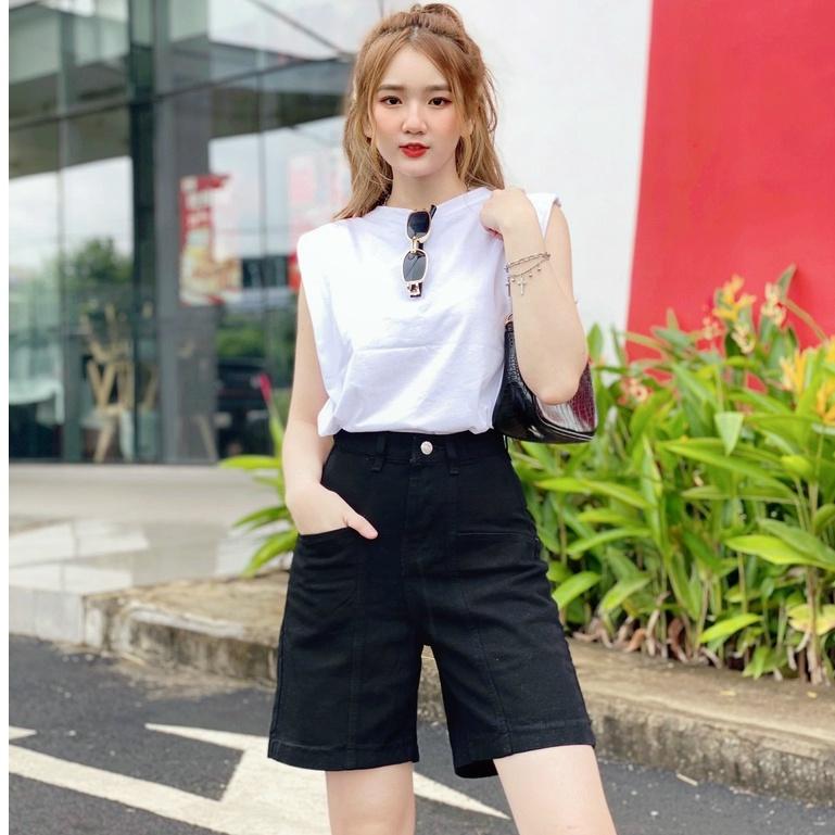 Quần short jean bò nữ Đen Basic có size, quần đùi nữ dáng ngố lửng ống rộng chất bò trơn mền dày sịn basic (J1MĐ)