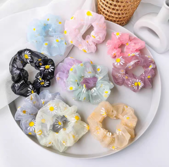 Combo 4 dây cột tóc vải Scrunchies vải lưới hoa cúc