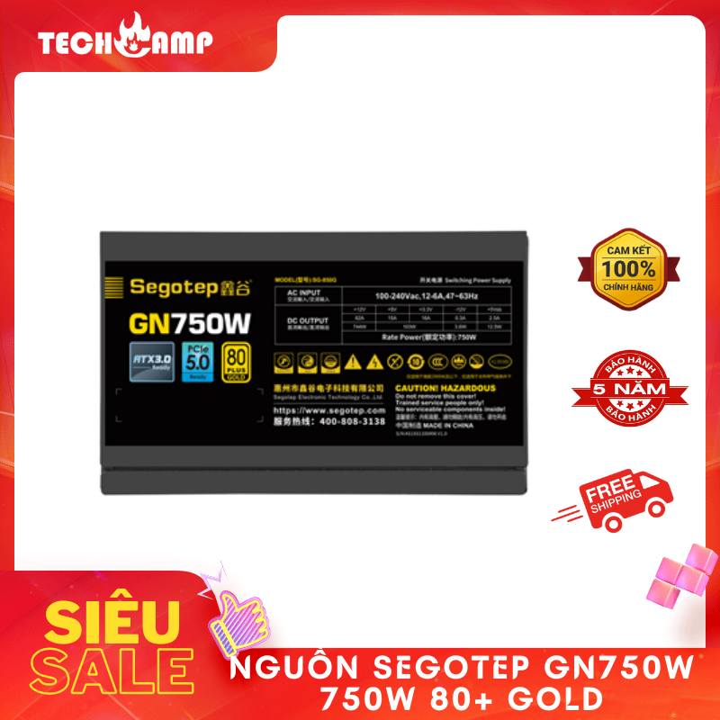 Nguồn SEGOTEP GN750W 80 PLUS GOLD PCIE 5.0 ATX 3.0 - Non Modular - Hàng chính hãng