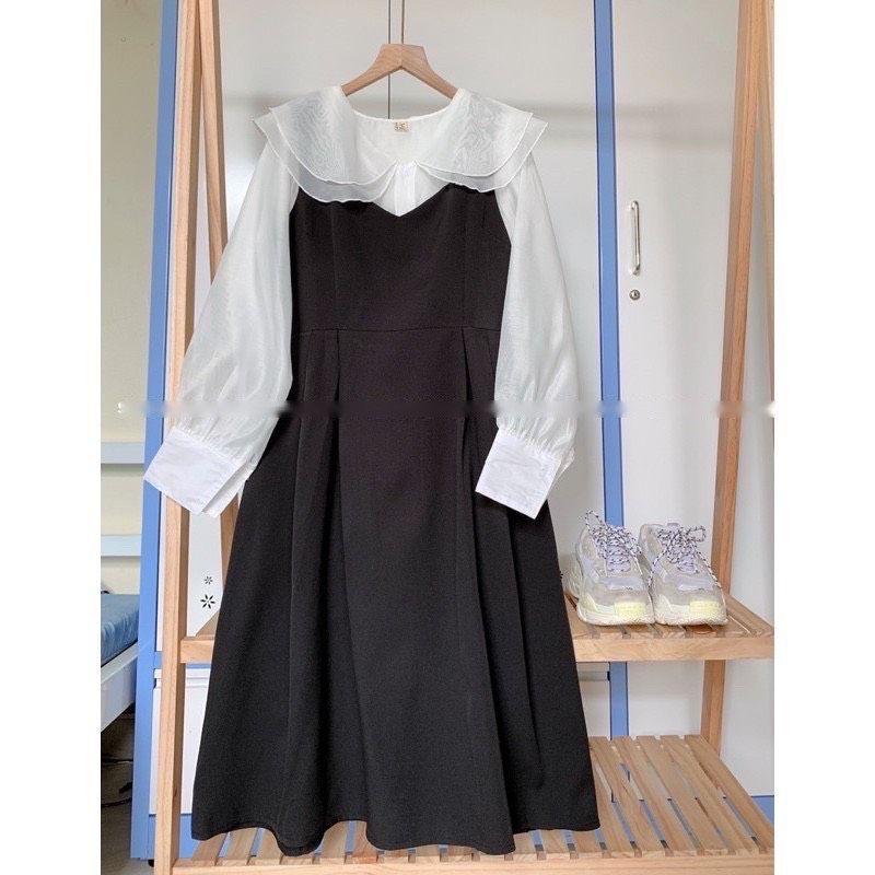 Sét Váy Yếm Xòe + Áo Sơ Mi Cổ Sen Ulzzang Phong Cách Hàn Quốc