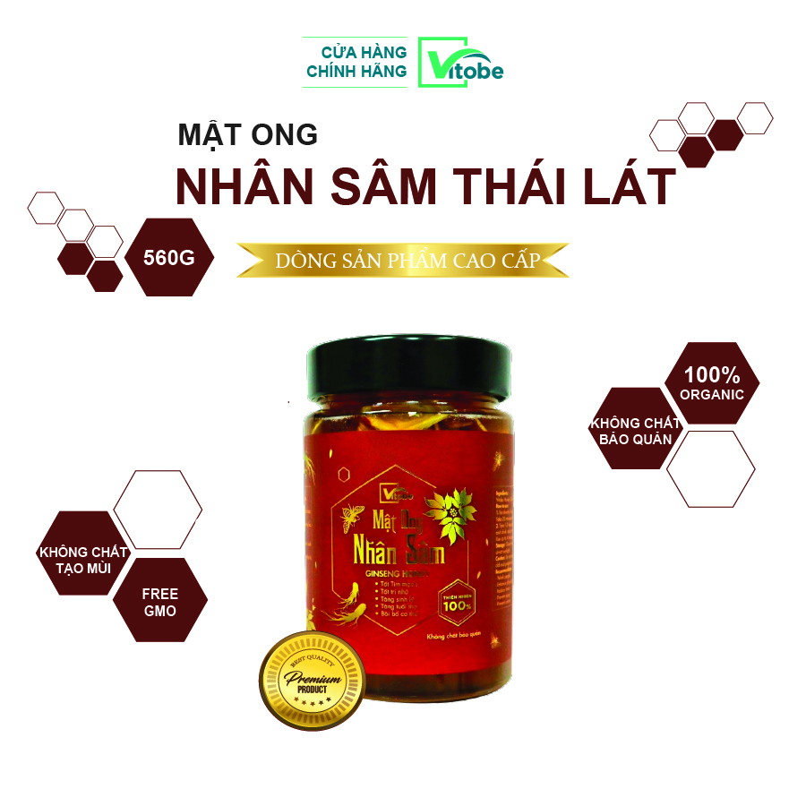 Mật Ong Ngâm Nhân Sâm Vitobe( Sâm tươi xắt lát ) (560gr) - Hữu cơ 100% (Mua 1 Tặng 1)